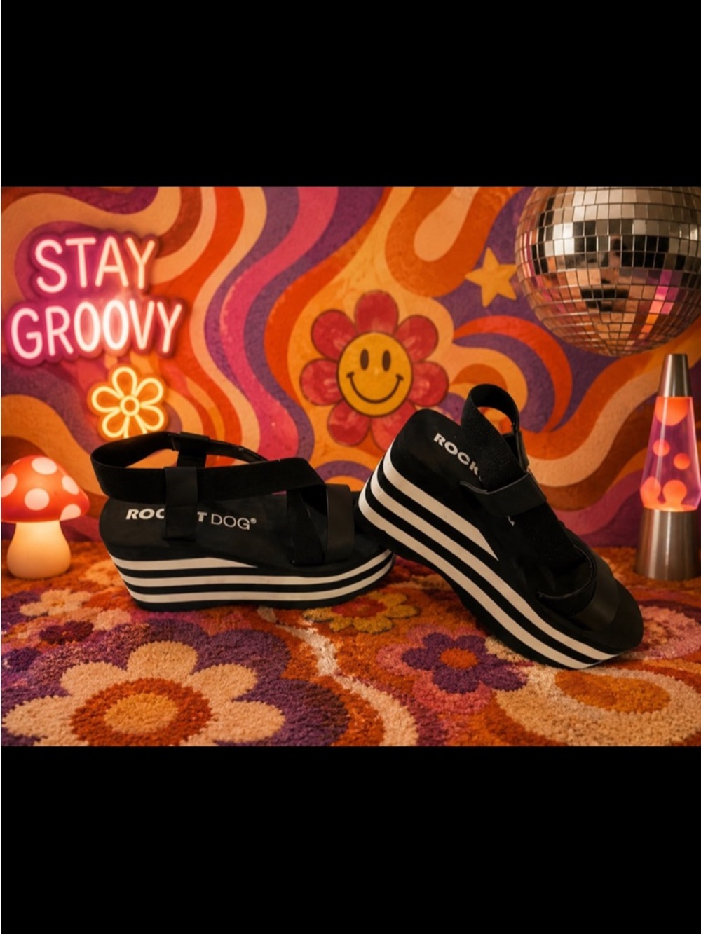 Rocket Dog Black & White Vintage Stripe Platform Sandals Size 9 🖤🤍 90’s